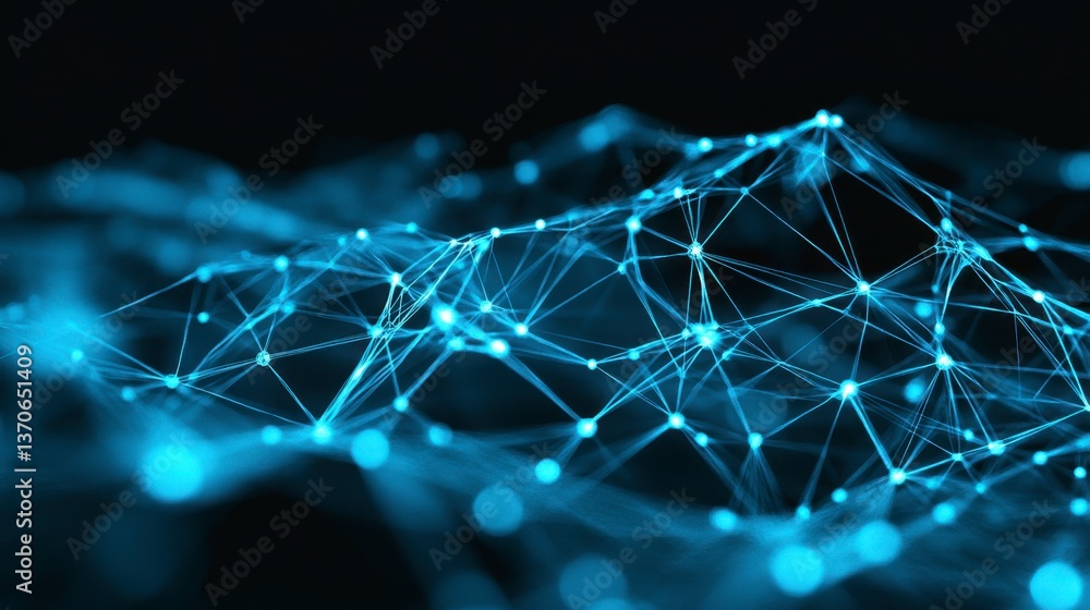 Poster abstract digital landscape with glowing blue nodes and connecting lines forming a network on a dark 