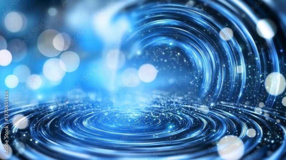Poster abstract swirling blue energy vortex with bokeh lights, creating a futuristic and magical atmosphere