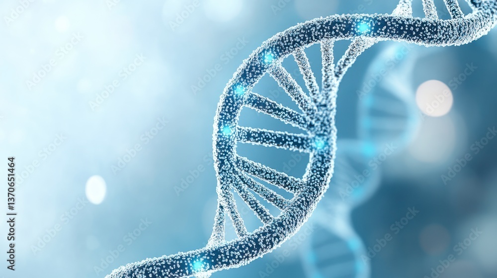 Poster abstract 3d rendering of a dna double helix in a cool blue color palette. glowing particles illumina