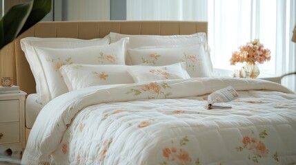 Elegant, floral bedding set on a comfortable bed