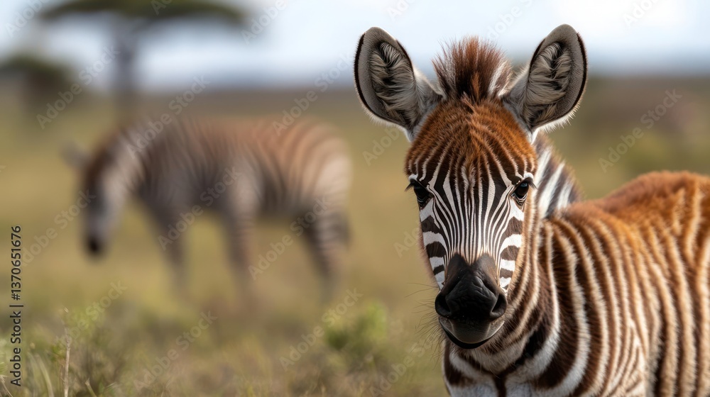 Poster close up zebra portrait with striped pattern in green savanna background