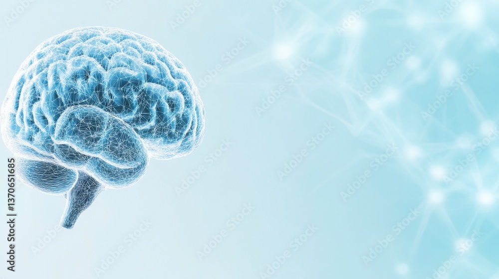 Poster abstract representation of a human brain rendered in a pointillist style, depicted in shades of blue