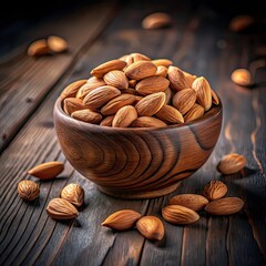 A wooden bowl of Almonds at the old wooden table