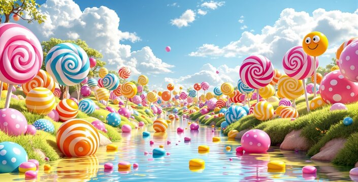 Whimsical candy land with giant lollipops and sweets by a river, cartoon style on a sunny grassy background, concept of magical fantasy world. Ai generative - Powered by Adobe