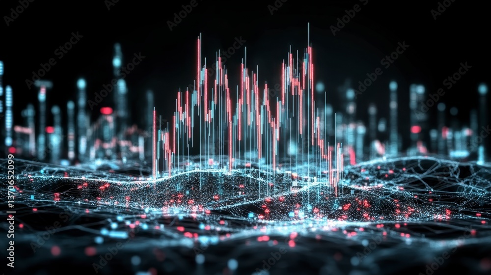 Poster abstract digital landscape with glowing lines and particles in red, blue, and white, set against a d