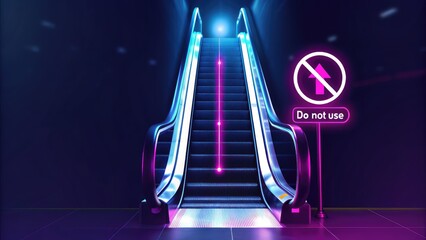 Economic  Growth  Stagnation. Escalator with neon lights and a "Do not use" sign in a dark setting.