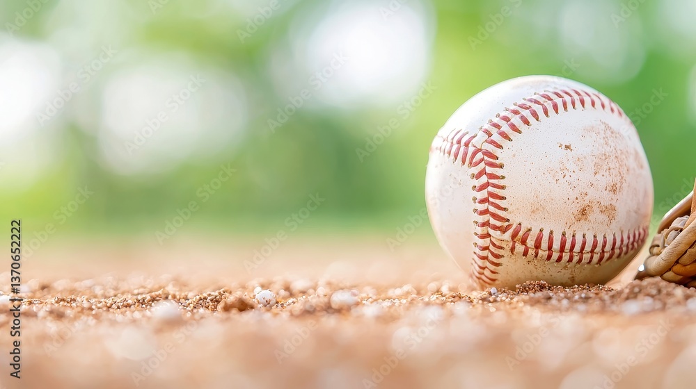 Poster baseball scene from the glove, a close-up view of a ball on the pitcher's mound, captured from the g