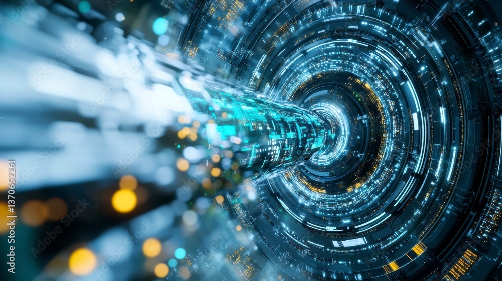 Poster abstract digital art depicting a swirling vortex of blue and teal data streams, glowing particles, a