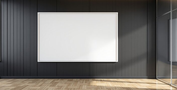 Empty white canvas on vertical stripe dark wall in modern interior room, wooden parquet flooring, glass panel, concept of presentation or creative space. Ai generative - Powered by Adobe