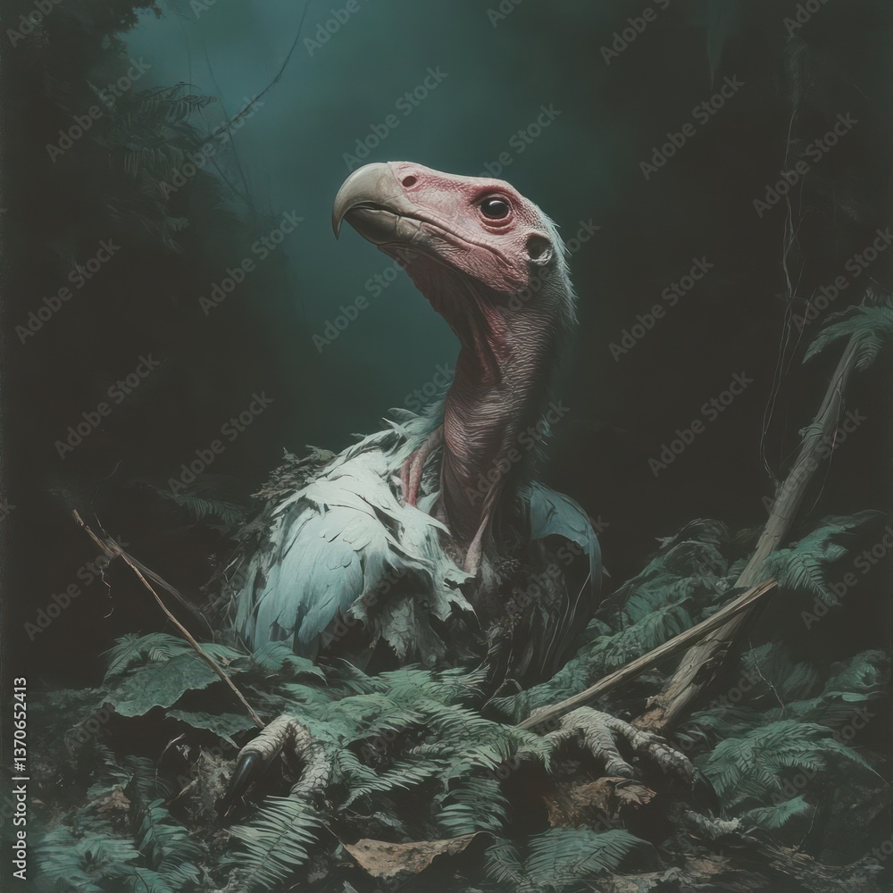Poster detailed portrait of a bird with feather details in a dark green environment with blurred background