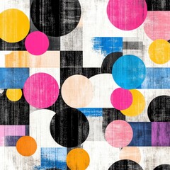 Abstract geometric pattern featuring vibrant circles and squares in pink, yellow, blue, and black against a textured off white background. The design has a modern and artistic feel.