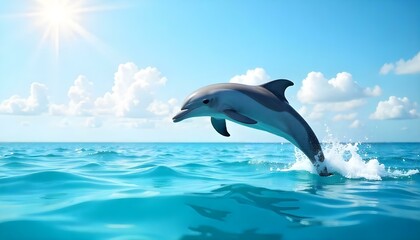 A dolphin leaps from the ocean under a bright, sunny sky filled with fluffy clouds