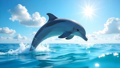 A dolphin leaps from the ocean under a bright, sunny sky filled with fluffy clouds