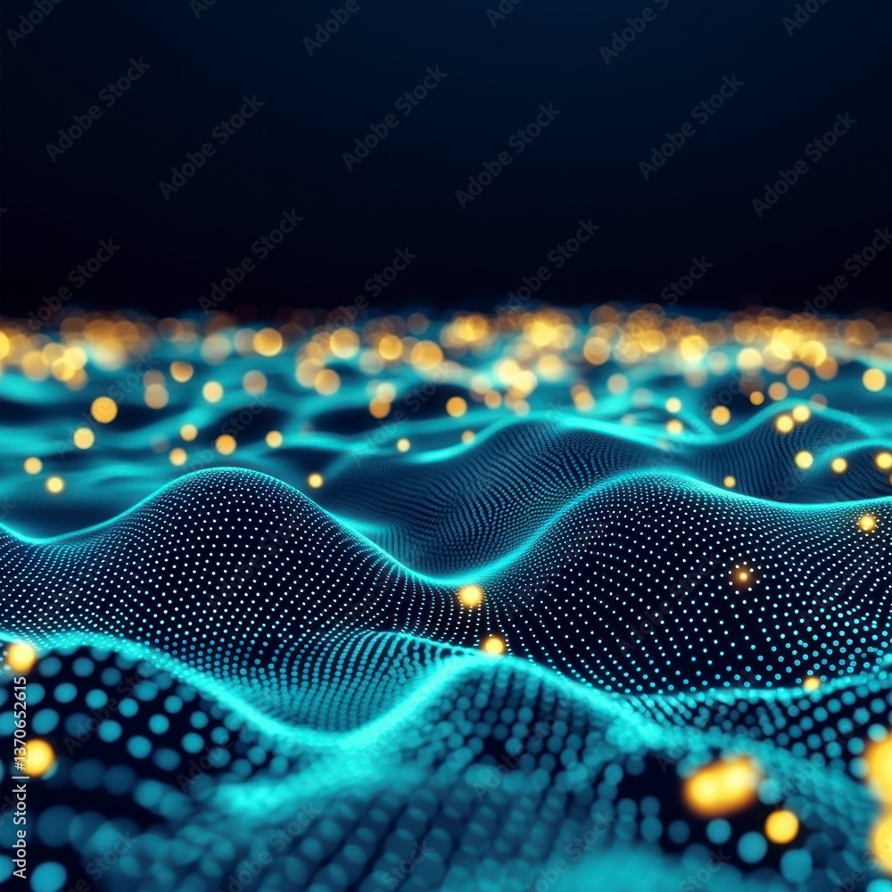 Poster abstract background with glowing teal and gold particles forming a wavy, textured surface. dark back