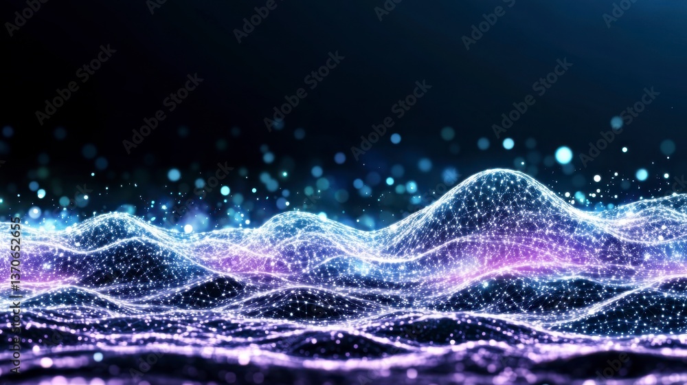 Poster abstract landscape of glowing purple and blue particles forming undulating waves against a dark back