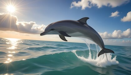 Obraz premium A dolphin leaps from the ocean under a bright, sunny sky filled with fluffy clouds