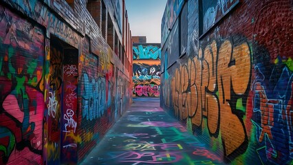 A stunning urban scene capturing Melbourne’s famous graffiti-covered laneways, filled with vibrant street art. The walls are adorned with colorful murals, bold tags, and intricate designs