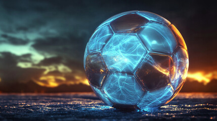 Naklejka premium Hologram football. Holographic projection of a soccer ball. Flickering energy flux of particles. The scientific design of the sport.