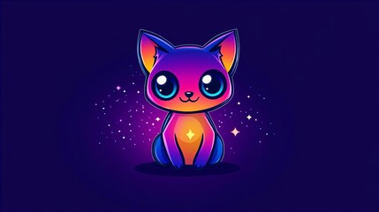 Fototapeta premium Cartoon cat sits against a dark purple background surrounded by glowing stars and sparkling effects.