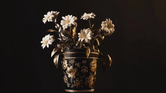 Elegant white flowers in ornate gold-decorated vase