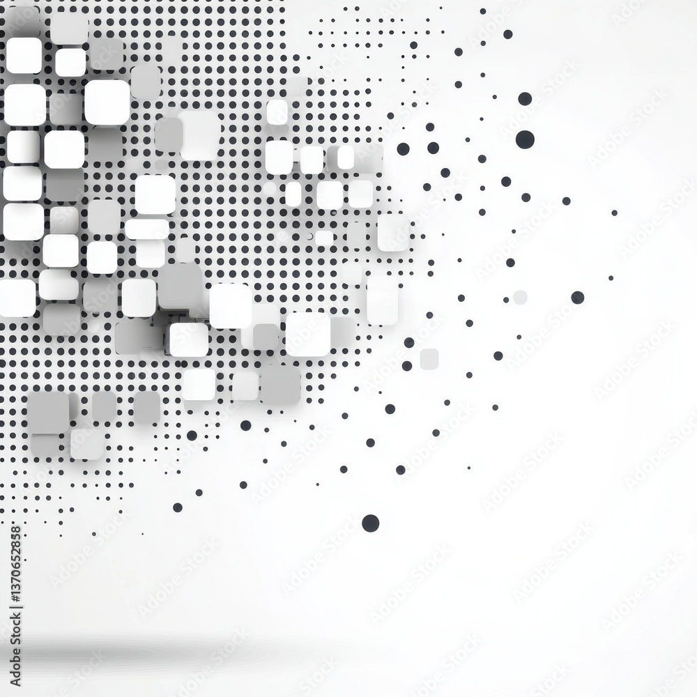 Poster abstract grayscale image featuring a dynamic composition of varying sized squares and dotted pattern