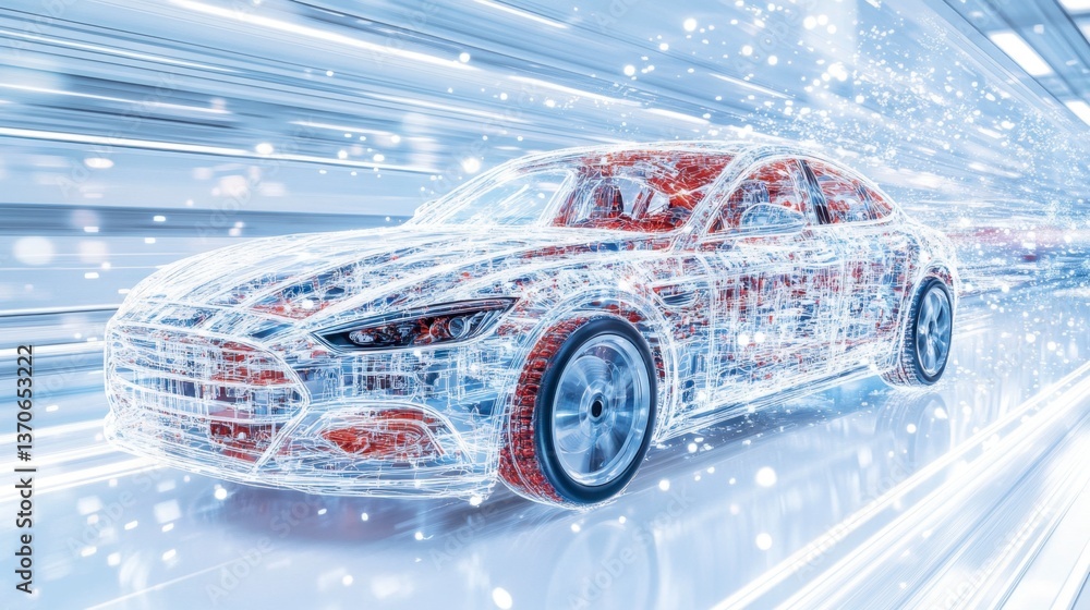 Poster abstract digital rendering of a red car speeding through a futuristic white tunnel, represented as a