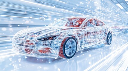 Abstract digital rendering of a red car speeding through a futuristic white tunnel, represented as a wireframe structure with glowing lines and particles.