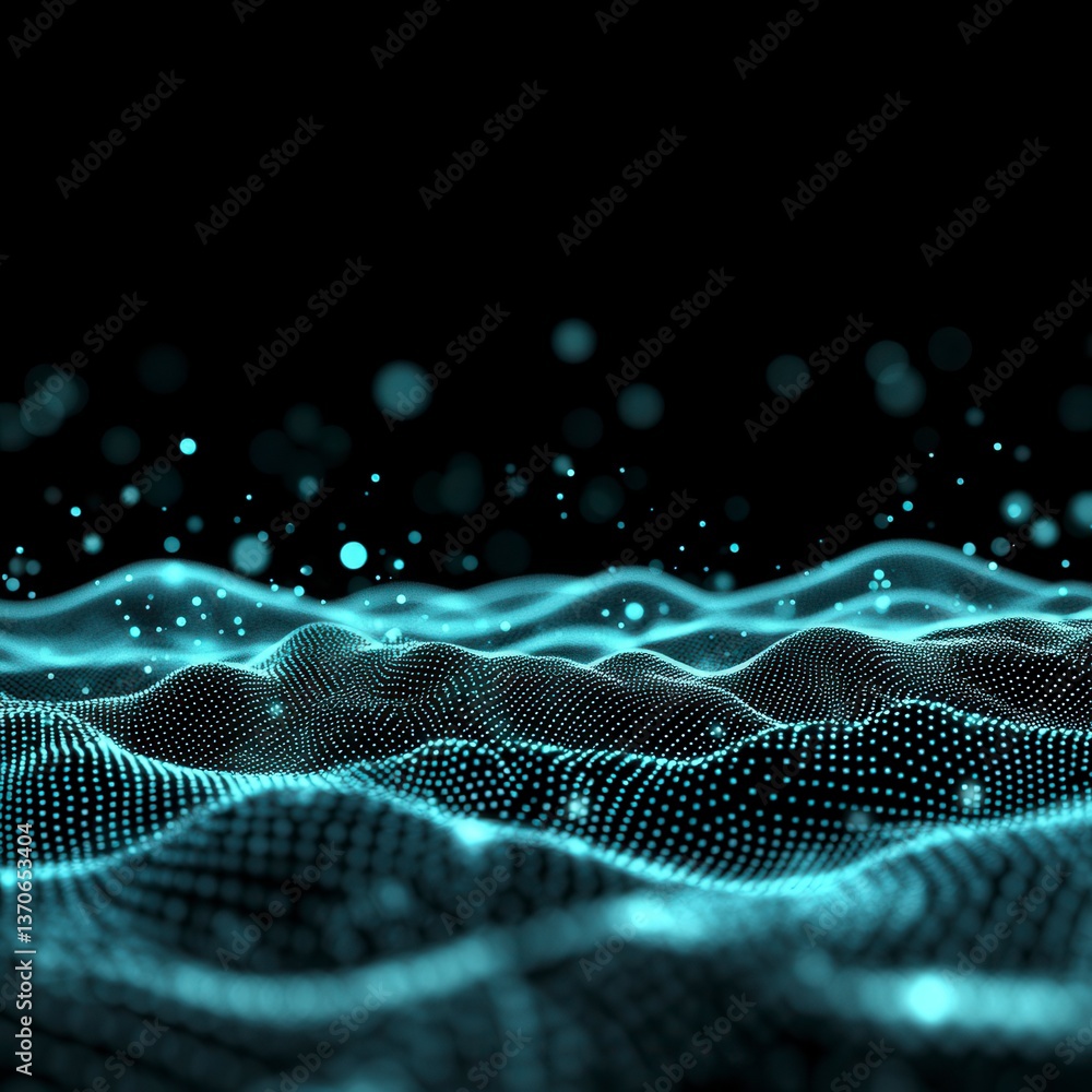 Poster abstract digital landscape of glowing teal particles forming undulating waves on a black background.