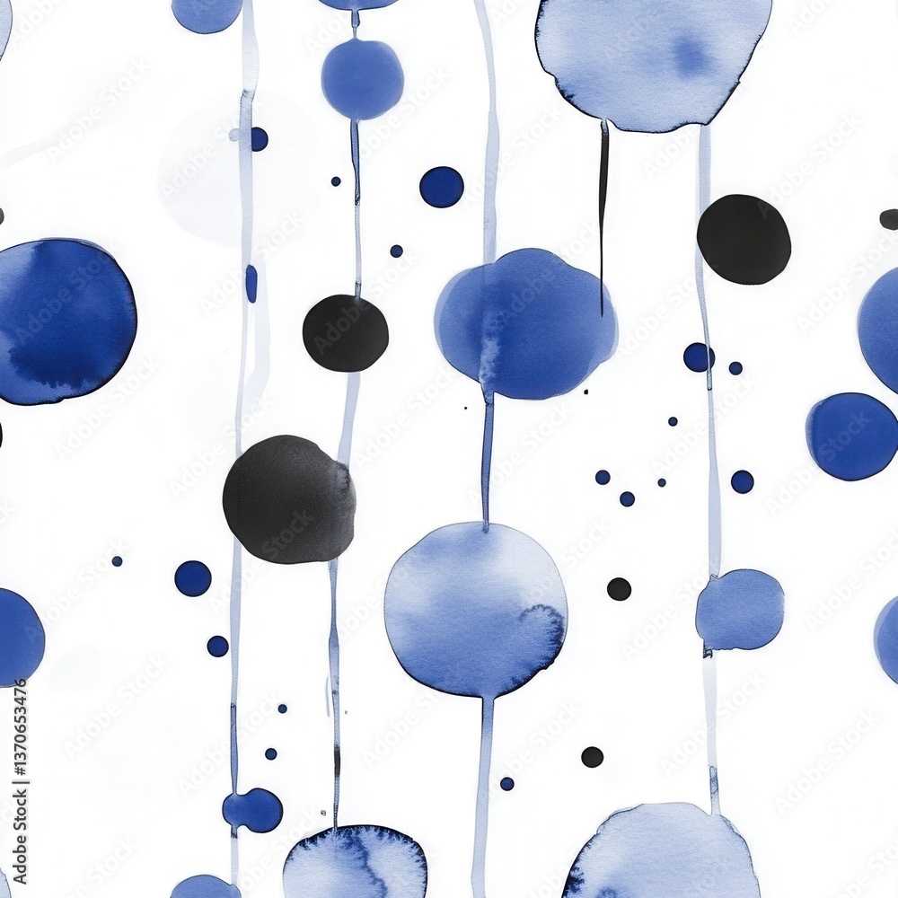 Poster abstract watercolor painting featuring blue and black circles of varying sizes on a white background