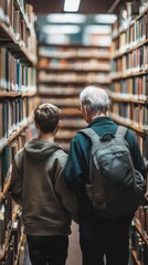 Fototapeta premium A young boy and elderly man walking in a library together