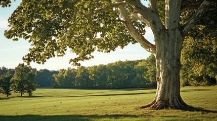A majestic tree stands within a green and open grassy field