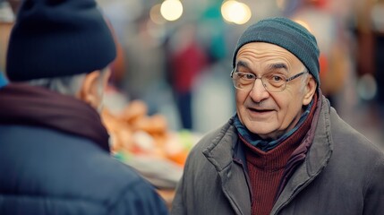 An older man converses with another person in a public space