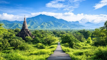 Wooden walkway leads to ancient stone pagoda nestled among lush green vegetation and mountain backdrop under a vibrant blue sky. Peaceful, serene landscape.