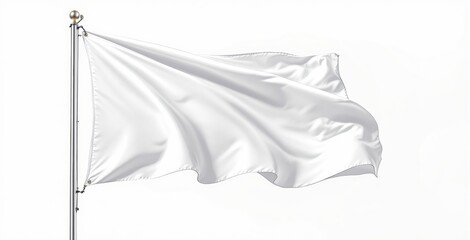 White flag waving on a silver pole, smooth fabric texture with realistic folds, bright isolated background, concept of sur or neutrality. Ai generative