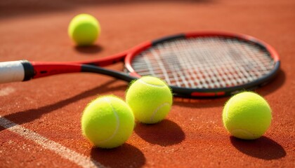 Tennis Balls and Racket on Clay Court Ready for Game