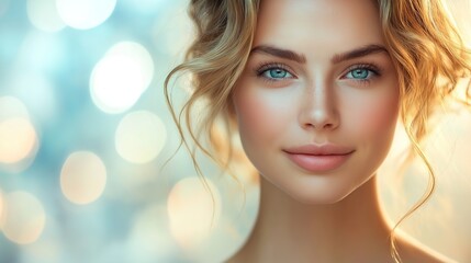 Close-up of a radiant woman with glowing skin, embodying subtle beauty enhancement and natural elegance.