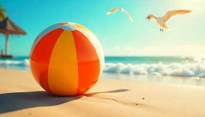 Brightly Colored Beach Ball on Sand with Gentle Waves and Soaring Seagulls