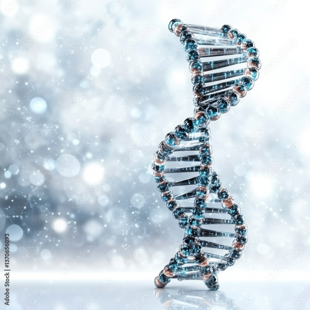 Poster double helix dna structure rendered in blue and silver tones against a blurred bokeh background of s