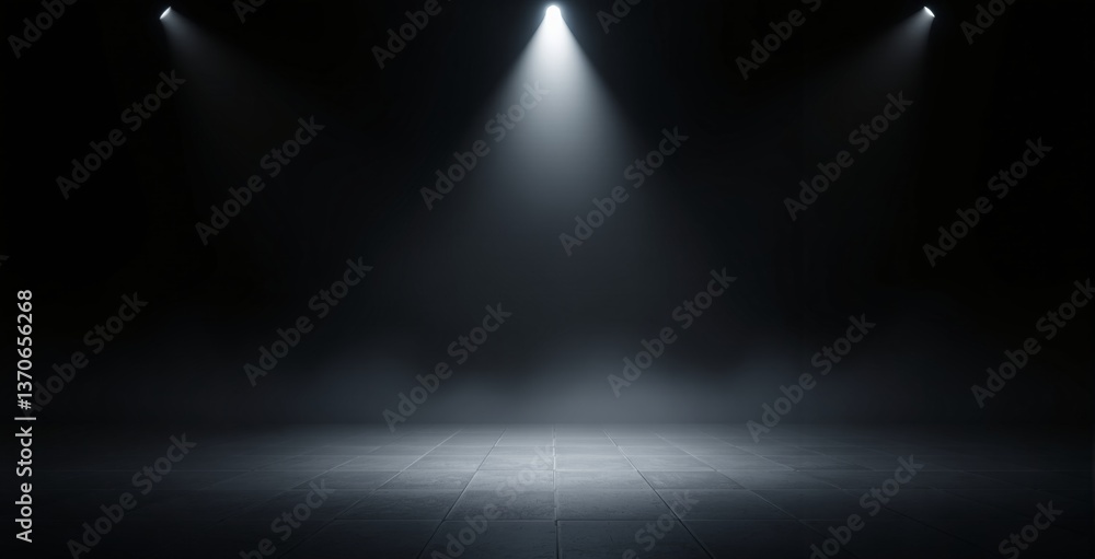 Poster empty tiled stage with three bright spotlights in dark atmospheric setting, minimalistic dramatic ba