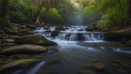 Peaceful Waterfall Flowing Through Green Forest Retreat