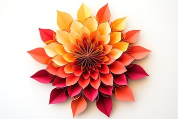 Fototapeta premium Detailed Paper Flower Art, Red, Orange, Yellow Colored Petals, Isolated on White