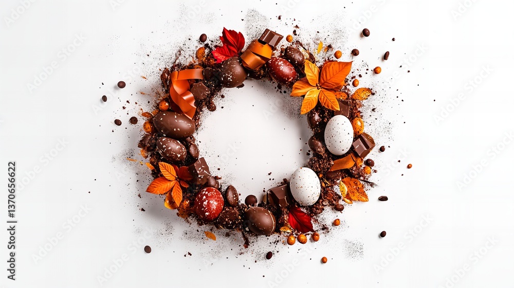 Poster chocolate eggs and leaves form a circular wreath on a stark white surface, creating a festive arrang