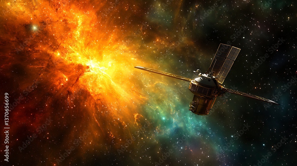 Poster a dynamic scene of a spacewalk with astronauts floating in front of a vibrant, star-filled universe