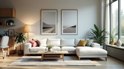 pristine white sectional sofa in a modern living room with landscape prints and natural light