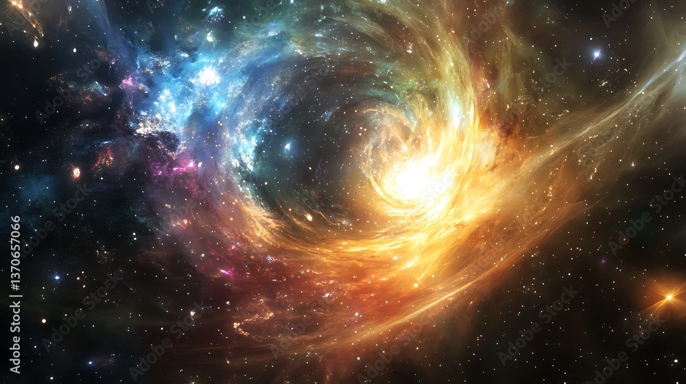 Poster a dynamic scene of a spacewalk with astronauts floating in front of a vibrant, star-filled universe