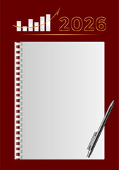 2026 New Year concept with empty notebook for your goals, plans, resolutions. Flat lay style. Christmas planning concept with space for text.
