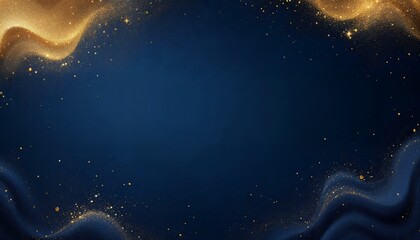Elegant Dark Blue Background with Golden Glitter Swirls and Particles