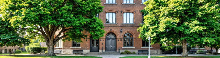 Fototapeta premium classic brick building with lush green trees and inviting entrance