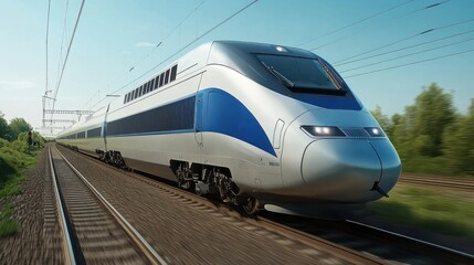 Naklejka premium Sleek high-speed train speeding through idyllic countryside on a bright sunny day