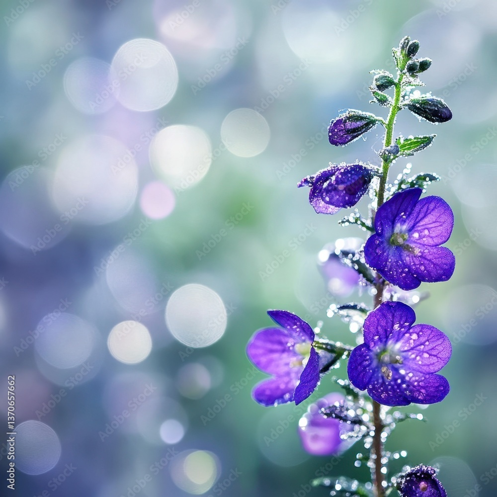 Poster close up view of a single vibrant purple flower with dew drops, set against a soft focus background 